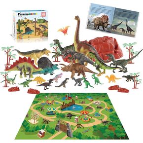 PicassoTiles Dinosaur Play Mat Toys 32pc Dino Playset STEM Activity Learning Kit STEAM Toy with Educational Book, 21 Action Figures T-Rex, Triceratops, Velociraptor, Trees, Rocks for Kids 3+ PTD11