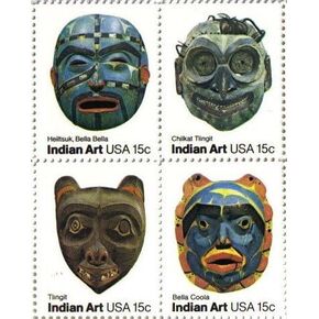 PACIFIC NORTHWEST INDIAN MASKS #1837a Block of 4 x 15¢ US Postage Stamps