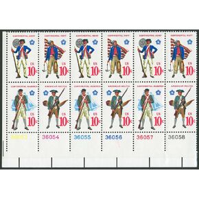 EARLY AMERICAN MILITARY UNIFORMS ~ CONTINENTAL MARINES ~ AMERICAN MILITIA ~ CONTINENTAL ARMY ~ CONTINENTAL NAVY #1568a Plate Block of 12 x 10 US Postage Stamps