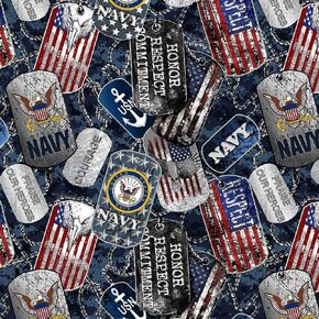 United States Military US Navy Cotton Fabric with Dog Tags and Digi Camo Ground Design-Sold by The Full Yard