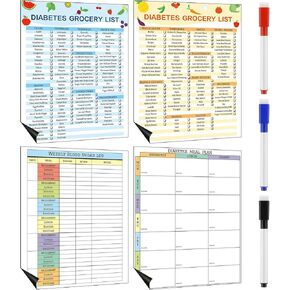 Xuhal 4 Pcs Prediabetic Grocery Lists Chart Magnet Fridge 8.3 x 11 Prediabetic Meal Planner Magnetic Grocery Food Journal Log Blood Glucose Values Record Sheet with 3 Dry Erase Pens