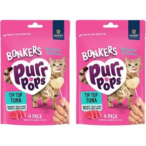Bonkers Purr Pops Tip Top Tuna Lickable Cat Treats, Freeze-Dried Meat, 4 Count, 2 Pack (8 Pieces)