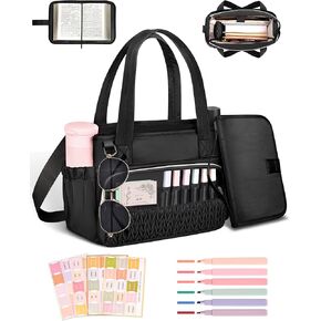 Bible Bag with Bible Cover Case for Women, Quilted Bible Study Supplies Carrying Bag with Highlighters & Bible Tabs, Church Tote Bags with Shoulder Strap, Christian Gift for Women (Black)