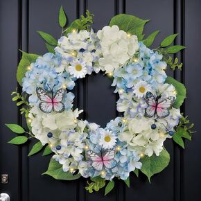 Valery Madelyn Pre-Lit Hydrangea Spring Wreaths for Front Door with Lights, 24 Inch Blue and White Artificial Flowers Wreath for Wall Window Home Porch Indoor Wedding Anniversary Summer Festival Decor in Kuwait