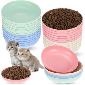 24 Pieces Shallow Cat Food Dish, Cats Food Plates & Small Cat Bowls, 5.51 Inch Wheat Straw & PP Pet Feeding Dishes for Kittens, Ferrets (4 Colors: Pink, Blue, Green, Beige)