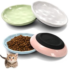4 Pack Cat Food Bowl, Ceramic Cat Wet Food Bowls for Indoor Cats, Anti Whisker Fatigue Kitten Feeding Plate, Shallow Dog Dishes with Silicone Bottom for Puppy, Rabbit, Small Pet