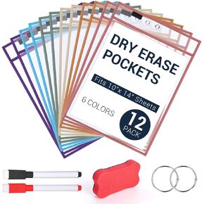 12 Pack Boho Dry Erase Pockets Reusable Dry Erase Sleeves Document Holders with Marker Ring Dry Eraser for Home School Office Supplies, 9.8 x 13.8 inch