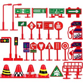 Kisangel 28Pcs Mini Traffic Signs Educational Traffic Signal Light Plaything for Road Signs Cones Cognitive Learning for Traffic Safety Awareness