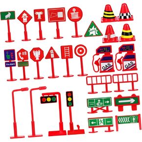28Pcs Mini Traffic Signs Realistic Road Cones Street Signs for Educational Traffic Safe Miniature Traffic Signal Lamp