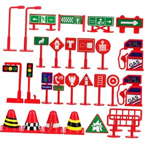Kisangel 28Pcs Mini Traffic Signs Realistic Traffic Light Road Signs for Educational for Traffic Awareness Material for Indoor