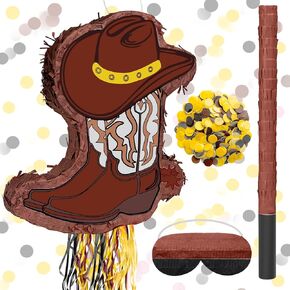 4 Pcs Cowboy Boot Pinata Set Include 15.7 x 11.8 inches Brown Western Piñata with Stick Confetti and Mask Western Birthday Party Decorations for Photo Prop Candy Holder Party Supplies (Cowboy Boot)