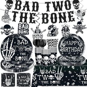 139pcs Bad Two the Bone Party Decorations Boy Tableware Set, Bad to the Bone Thick Plates Banner with Hanging Swirls 2pcs Tablecloth for 2nd Birthday Decorations for Boys, Serves 20