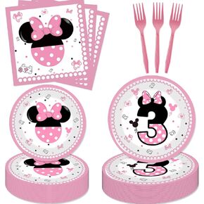 50 Pcs Pink 3rd Birthday Party Dinnerware Girls Wild Three Tableware Set Pink 3th Bday Paper Plates Napkins Forks for Girl's 3 Year Old Bday Party Supplies Decorations