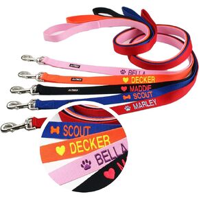 GoTags Personalized Dog Leash, Embroidered with Name or Custom Text, Include Heart, Paw, or Bone Symbol. 6 FT Dog Leash in Black, Blue, Pink, Orange, and Red. Comfort Loop Handle