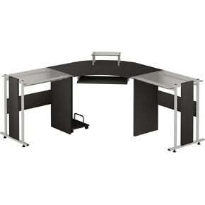 HOMCOM 69" Modern L-Shaped Tempered Glass Office Computer Desk with Elevated Monitor Stand, Rolling CPU Holder, Pull Out Keyboard Tray and Steel Frame, Black