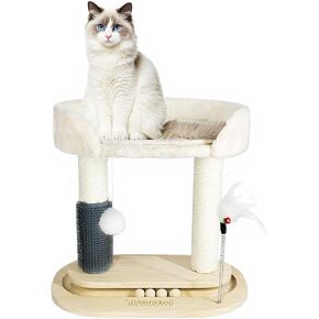Small Cat Tree Tower, Cat Scratching Post 6-in-1 Cat Tree with Self Groomer Brush, Natural Sisal Scratcher Cute Kitten Climbing Tower with Bed, Hanging & Track Toy for Indoor, Beige