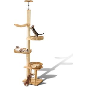 Floor to Ceiling Cat Tree with Scratching Posts, Adjustable Height(77-105 Inches), Corner Tall Cat Tower with Woven Condos & Ladder, Large Sturdy Cat Tower for Indoor Cats