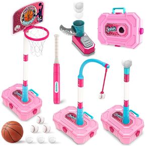 4 in 1 Basketball Hoop for Kids 1-3,Toddler basketball hoop and T-Ball Set,Height Adjustable Kids Basketball Hoop,Baseball Launcher,Indoor/Outdoor Basketball Hoop Toy for Boys and Girls Birthday Gifts