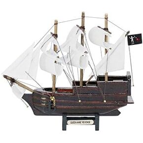 Hampton Nautical Wooden Blackbeard's Queen Anne's Revenge White Sails Model Pirate Ship 7" - Pir