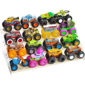 Aaiphuwew Display Case لشاحنات Monster Storage Storage Cars Cars Shelizer ، 4 مستويات شاحنة خشبية على رف شاحنات شاحنة لسيارات الألعاب