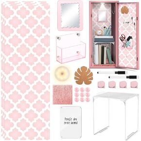 25 Pack Locker Accessories, First Day of School Essentials with Locker Shelf, Wallpaper, Mirror, LED Wireless Light, Pen Holder, Acrylic Magnetic Dry Erase Board, Rug(Flower,Pink)