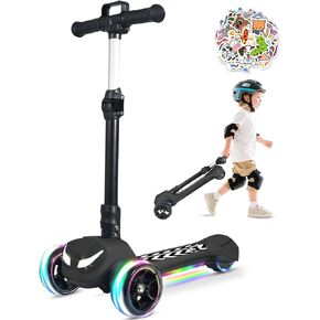 Balance Electric Scooter for Kids Ages 3-12, Full Body Lights Up, Stickers, Wide Deck, 3 Adjustable Heights, 5MPH Safe Speed, 90min Riding, Foldable 3 Wheel Electric Scooter for Kids Boys Girls
