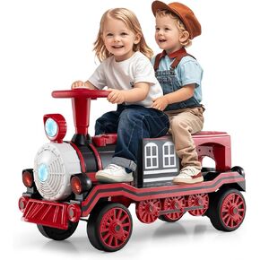 Costzon Ride on Train Trackless, 12V 2-Seater Ride on Toy with Train Whistle, LED Lights, Music & Removable Chair, Electric Train w/One-Button & Soft Start, Gift for Boys & Girls (2 Seaters,Red)