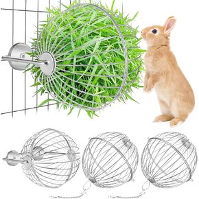 2 Pack Rabbit Hay Ball Feeder Stainless Steel Hanging Hay Holder Dispenser Small Animals Grass Feeder Rack Ball Toy for Bunny Hamster Guinea Pig Chinchilla Gerbils Pet Supplies