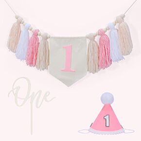 1st Birthday Decorations Boy, High Chair Banner First Birthday Decorations Boho Wood Bead Tassel, Baby 1st Party Hat with One Cake Topper