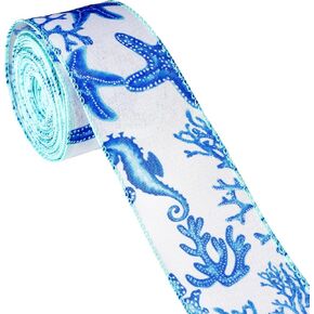 10 Yards Spring Summer Ribbon Wired 2.5 Inch Sea Ocean Starfish Coral Beach Marine Ribbon for Party Gift Wrapping Outdoor Hanging Party Decoration Supplies (Blue Ribbon)