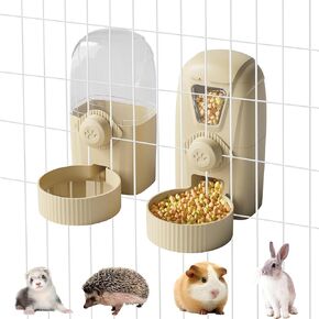 Rabbit Automatic Food Feeder and Water Dispenser Bunny Gravity Feeding Station Waterer Set Hanging Self-Dispensing Feeder for Ferret,Guinea Pigs Chinchillas Hedgehog (Grey)