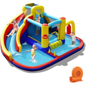 BOUNTECH Inflatable Water Slide, Kids Water Park Jump Castle w/Large Splash Pool, 2 Climbing Walls & Cannons, Water Slides Inflatables for Kids, Backyard Outdoor Water Slide Bounce House with Blower