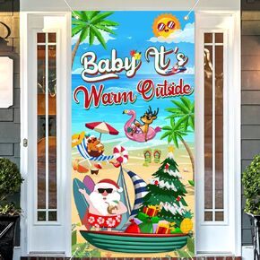 Large 70.8x35.4 Inch Christmas July Banner Door Cover, Baby Its Warm Outside Banner, Christmas July Decorations, Hawaiian Christmas Decorations Mele Kalikimaka Christmas Decorations
