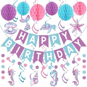 Mermaid Birthday Decorations Happy Birthday Banner Mermaid Hanging Swirl Honeycomb Balls Glitter Circle Dots Garland for Kids Girls Women's Birthday Party Decor