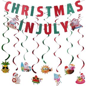 MAGQOO Gold Glitter Christmas in July Banner Garland Photo Props with 8 Pieces Swirl Garlands July Tropical Chrismtas Party Decor Pre-Strung