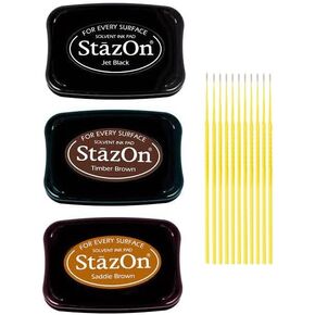 StazOn Multi-Surface Solvent Ink Pad Bundle - 3 Pk StazOn Solvent Ink Pads - Jet Black, Timber Brown, and Saddle Brown - with Trebbies Detail Sticks