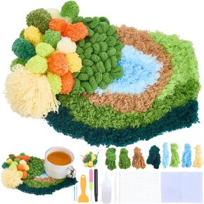 WEBEEDY DIY Rug Hooking Coasters Kit Complete Moss Latch Hook Coaster Crochet Kit with Mesh,Felt Cloth,Yarn,Instruction and Other Tools for Beginners,DIY Latch Hooking Craft Coaster Set,6.7x8.7Inch