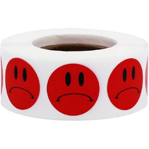 Sad Face Stickers - Red Frowny Face Labels, 0.75 Inch Round Dots, 500 Total Adhesive Stickers for Feedback and Organization - Made in The USA