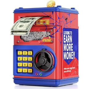 Piggy Bank for Kids Boys 5-13 with 4 Saving Record Cards, Kids Money Safe Banks for Real Money with 4-Digit Password, Electronic Piggy Bank Toys for Boys Girls with ATM-Style Cash Slot, Red Blue