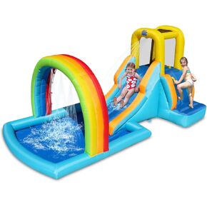Action Air Inflatable Water Slide, Bounce House with Slide for Wet and Dry, Kids Backyard Waterpark for Summer Fun, Rainbow Splash Pool for Age 3-8, Love for Kids