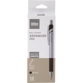 Office Depot Advanced Ink Retractable Ballpoint Pens, Needle Point, 0.7 mm, Silver Barrel, Black Ink, Pack Of 12