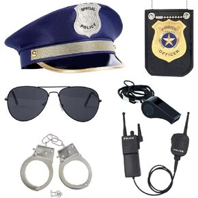 Police Officer Role Play Kit Hat Handcuffs Sunglasses Policeman Costume Accessories for Cop Swat Halloween Party Dress up (Police, Medium)