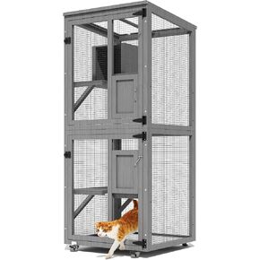 Catio Outdoor Cat Enclosure, 4 Tier Indoor Catio with 4 Wheels, Platforms and Resting Box, Cat Cage with Waterproof Roof, Feral Pet Shelter with Removable Bottom and Easy Clean PVC Layer, Grey