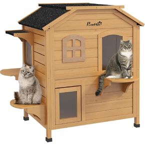 PawHut 2-Story Cat House Outdoor, Weatherproof Wooden Cat Enclosure for Feral Cats with Escape Door, Openable Roof, Jumping Platforms, White