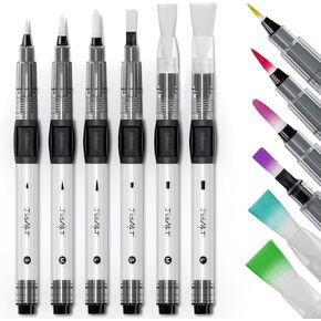 JusArt Water Brush Pens 6-Pack - Leak-Proof Refillable Watercolor Pens for Acrylic & Gouache Painting - Dual Tips (Pointed & Flat) - Portable Water Brushes for Watercolor for Artists, Beginners, Kids