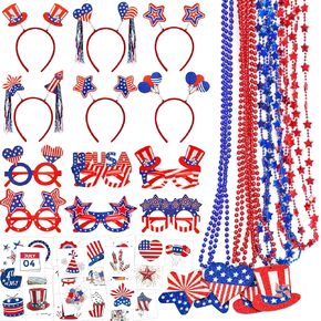 4th of July Accessories Patriotic Party Accessories 6 Fourth of July Headband Head Boppers 12 Bead Necklaces 6 Felt Glasses 50 Tattoos Women Men Kids Boys Girls Party Favor Supplies