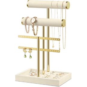Bracelet Holder Jewelry Organizer Display - 3 Tier T Bar Velvet Stand, Beige Jewelry Storage for Bracelet, Necklaces, Earrings, Rings, Watches