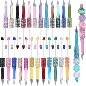 12 Pcs Beadable Pens, Glitter Rhinestone Beaded Pens, Multicolor Retractable Beadable Items for Crystal Plastic Rhinestones Beads, Black Ink Ballpoint, Cute Trendy DIY Supplies