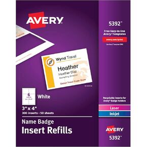 Avery(R) Laser Name Badge Inserts, 3in. x 4in., Box of 300, 5392