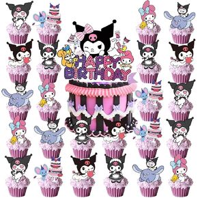 25pcs Cupcake Toppers with 1 Happy Birthday Cake Topper, Cute Anime Hello Pink Cat Themed Party Supplies, Perfect for Birthday Party Decorations (Style A) in Kuwait